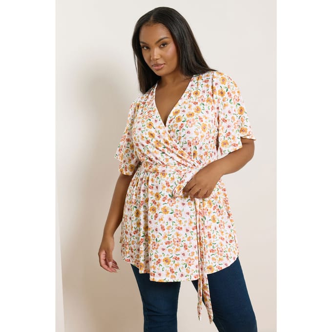 Yours Geribbelde Wikkeltop Met Bloemenmotief En Tailleband In Oranje Size 48