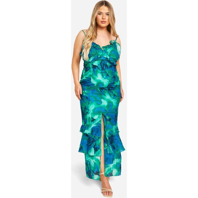 boohoo Dames Plus Abstract Floral Ruffle Maxi Jurk | Groente | Maat: 56