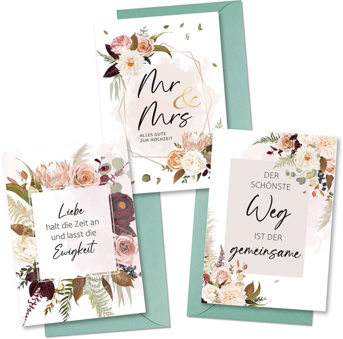 Dailygoods - BIROYAL Bruiloftskaarten, set van 3, wenskaarten met envelop voor bruiloft, liefdevolle bruiloftswenskaarten, roos