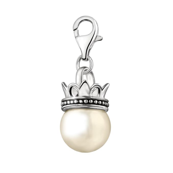 Quiges - Charm Bedel Hanger Parel met Kroon Groot - Dames - Verzilverd - QHCP002