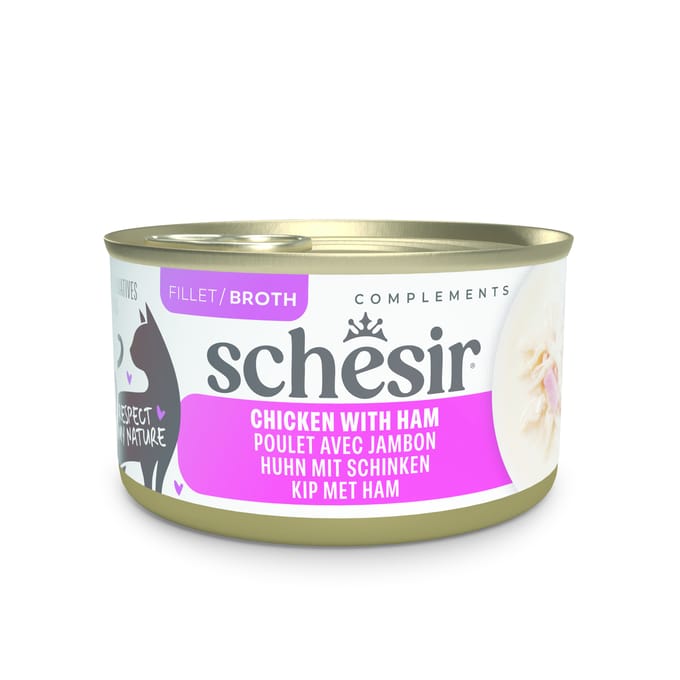 12x 70g Schesir Complements in Brühe Huhn mit Schinken Katzenfutter nass