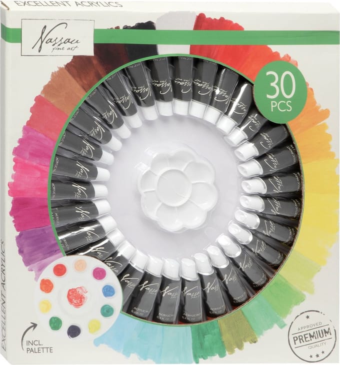 Nassau Acrylic Kleur paint circle 30 x 12ml + 1 palette