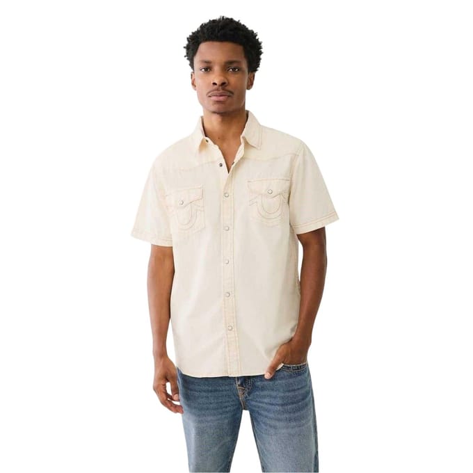True Religion Heren Regular Overhemd met Korte Mouwen (Winterwit)