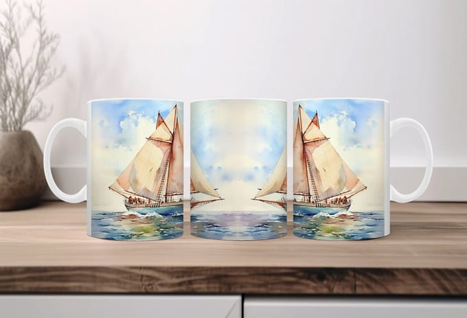 Auqarel koffiemok Zeilboot 1