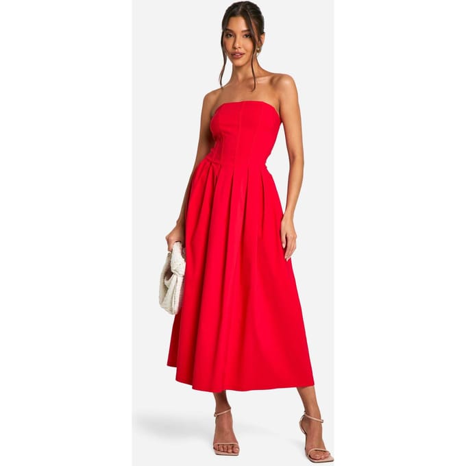 boohoo Dames Bengaline Korset Skater Midaxi Jurk | Rood | Maat: 36