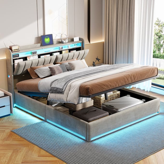 Velours Polsterbed 140x190 met LED & USB-C – Bedframe met Opbergruimte en LED Verlichting – Grijs