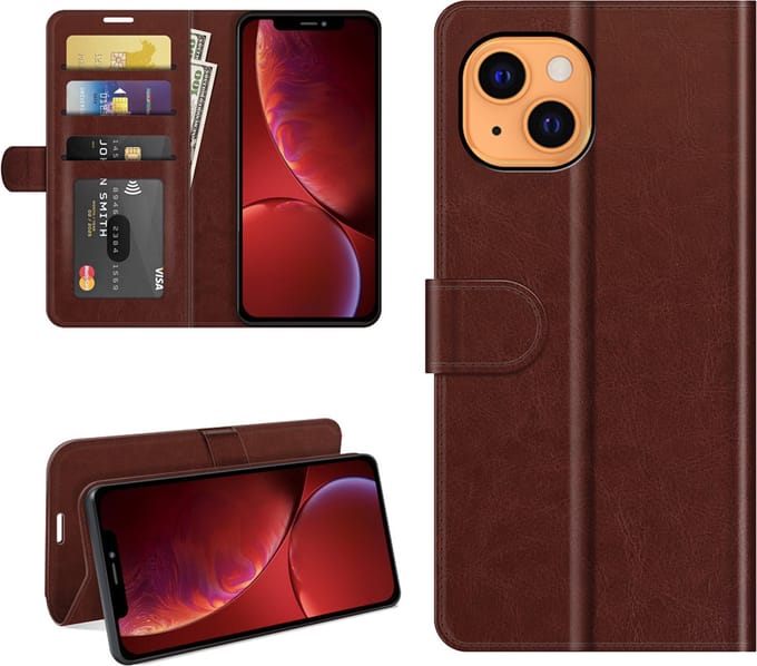 MobyDefend Hoesje - Geschikt voor iPhone 13 - Wallet Book Case (Sluiting Achterkant) - Bruin