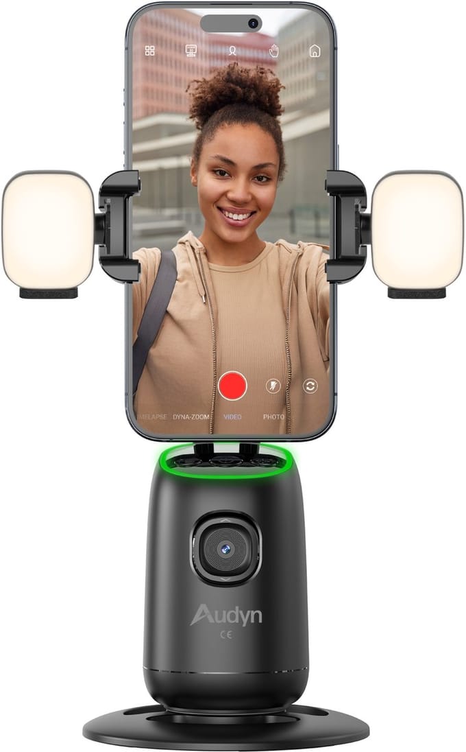 Audyn Gimbal voor Smartphone - 360° Tracking - USB-C - Ringlamp - Volgstatief - Selfiestick - Inclusief 2 LED Lampjes - Zwart