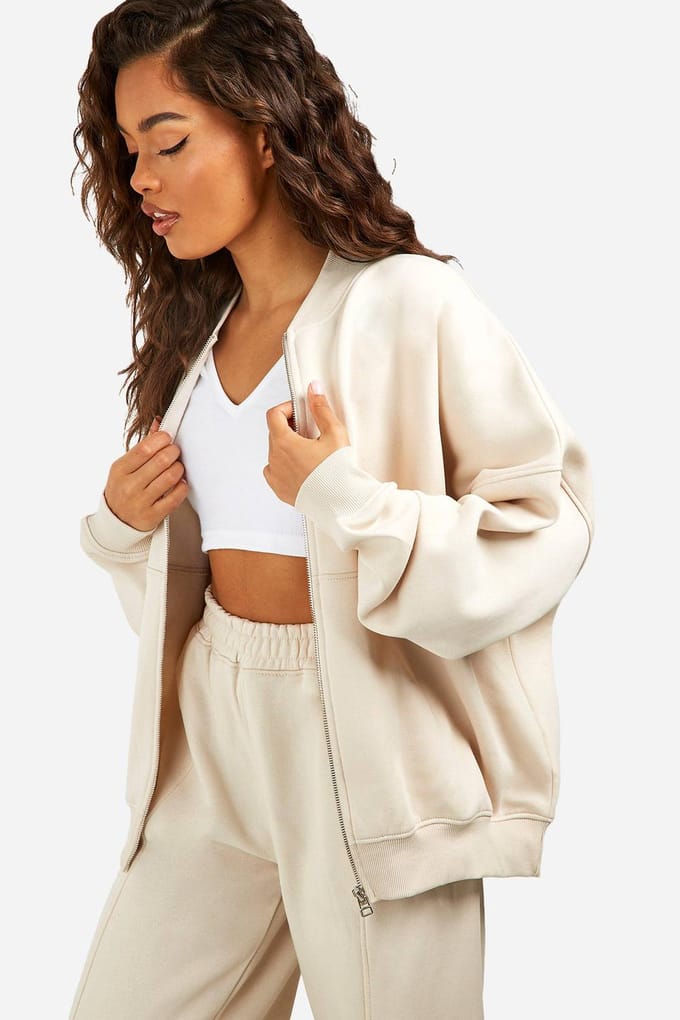 boohoo Dames Zip Through Bomber Trainingspak met rechte pijpen | Stone | Maat: Large