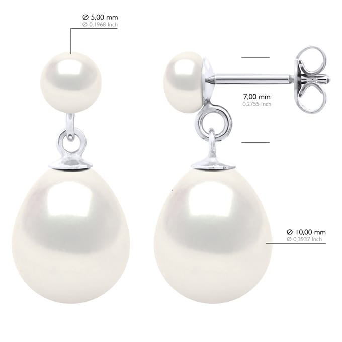 Dubbele Oorbellen Wit Goud - Echte Gekweekte Zoetwaterparels Knop 5-6 mm + Peer 10-11 mm