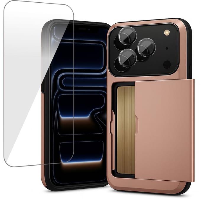Hoesje met Pasjeshouder geschikt voor iPhone 17 Pro Max - Screenprotector GlassGuard & Camera Lens Screen Protector Zwart - Back Cover SlideCase Roségoud