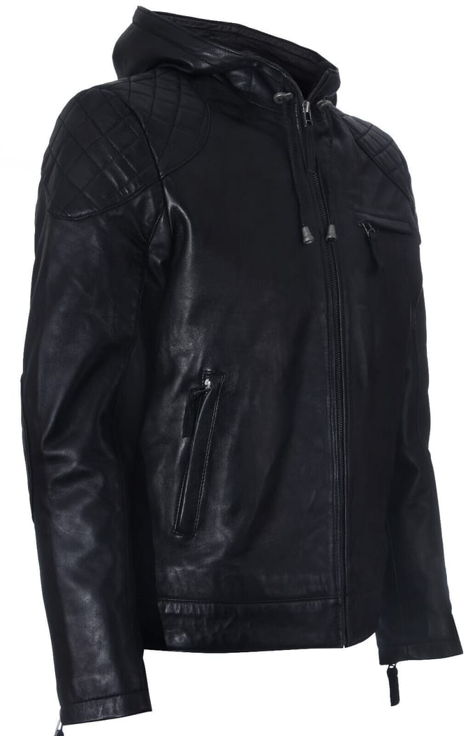 Leren bomber-bikerjack met rits en capuchon