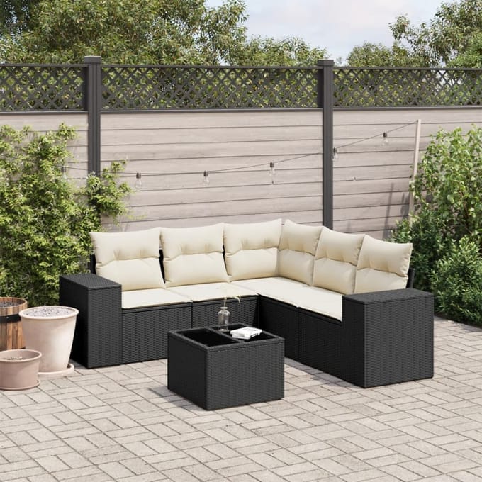 vidaXL - 6-delige - Loungeset - met - kussens - poly - rattan - zwart