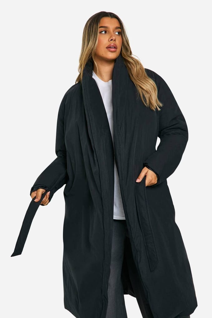 boohoo Dames Maternity Belted Duvet Puffer Coat | Black | Maat: 10