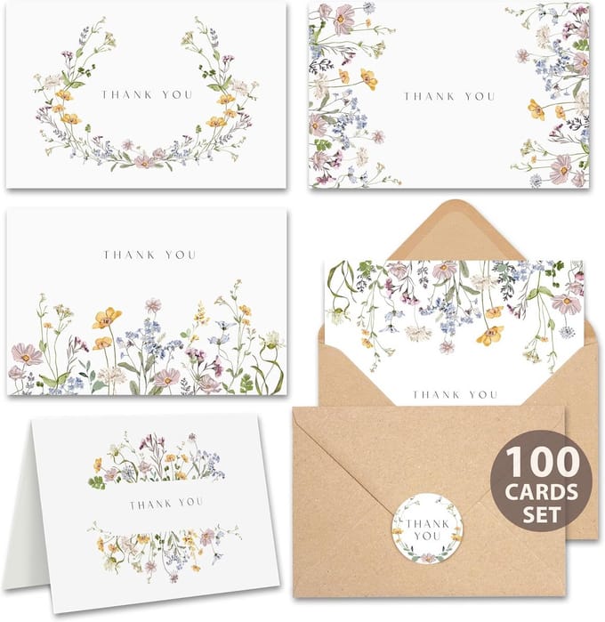 Set van 100 Bloemen Bedankkaarten met Bijpassende Enveloppen 10x15 cm