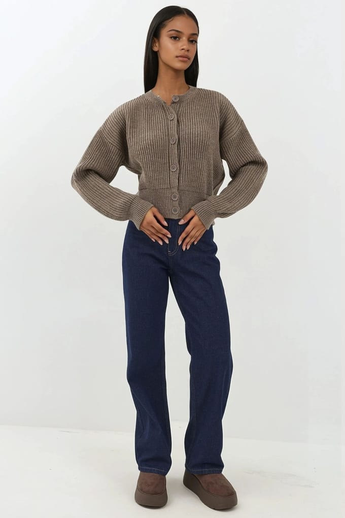 Gestructureerde Crew Neck Lange Mouwen Cardigan met Knopen