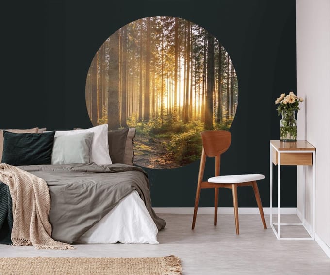 Behangcirkel 100cm Naaldbos met zonnestralen
