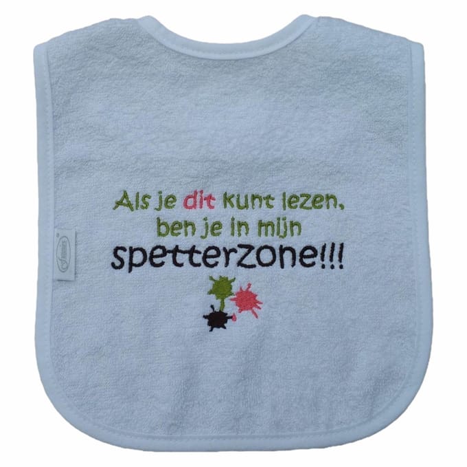 Witte slab met "Als je dit kunt lezen, ben je in mijn spetterzone"