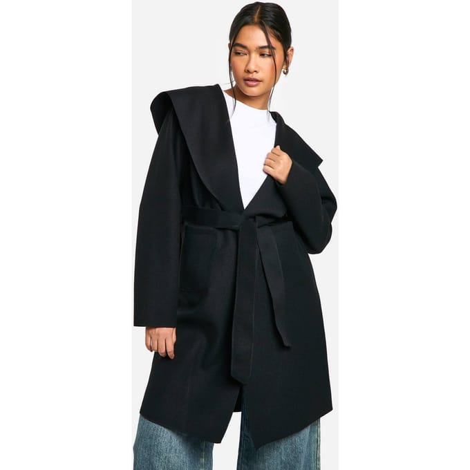 boohoo Dames Hooded Wool Look Coat | Zwart | Maat: 42
