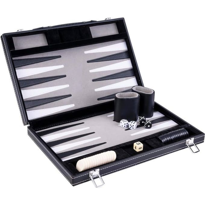 Backgammon 15 inch - Grijs, Zwart & Wit Gestikt Bord - Kunstlederen Koffer met Handvat - Engelhart