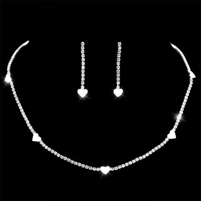 Sieradenset, Modelegering Eenvoudige Liefde Strass Ketting Oorbellen Bruidsset zilver
