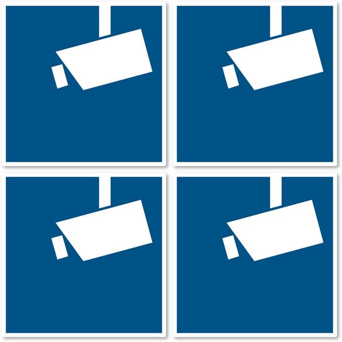 Set van 4 Ronde Videobewaking Stickers - Ø 10 cm - DSGVO/BDSG Conform