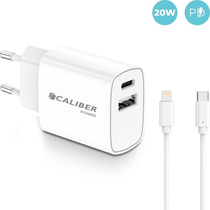 USB C Adapter - Snellader - 20 Watt - Adapter - Lightning USB kabel - Geschikt voor Smartphones - USB C en USB Adapter - Wit (PSPQ-20CLW)