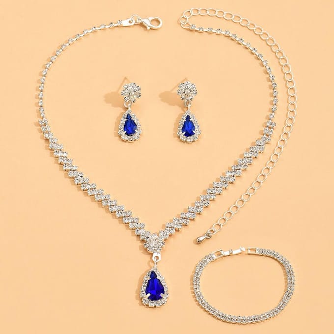 Diamant Drop Oorbellen, Armbanden, Oorbellen, Ketting Set, Modieuze Bruids Bruiloft Sieraden, Drie delige Set. blauw