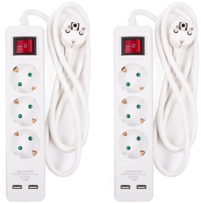 Benson Stekkerdoos 3-voudig- 2x usb - schakelaar - geaard - wit - 150 cm - stekkerdozen - verlengsnoeren