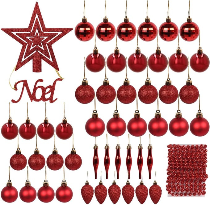 Set van Rode Kerstboomversiering: Ballen, Piektopper, Slag 48 stuks