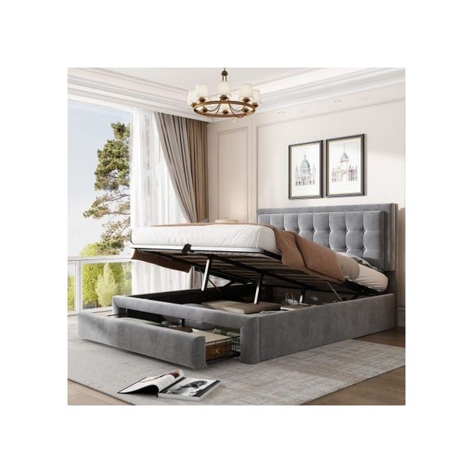 Lit capitonné - MUVOE - 140x190 cm - Tête de lit réglable - 2 tiroirs de rangement - Velours gris gris