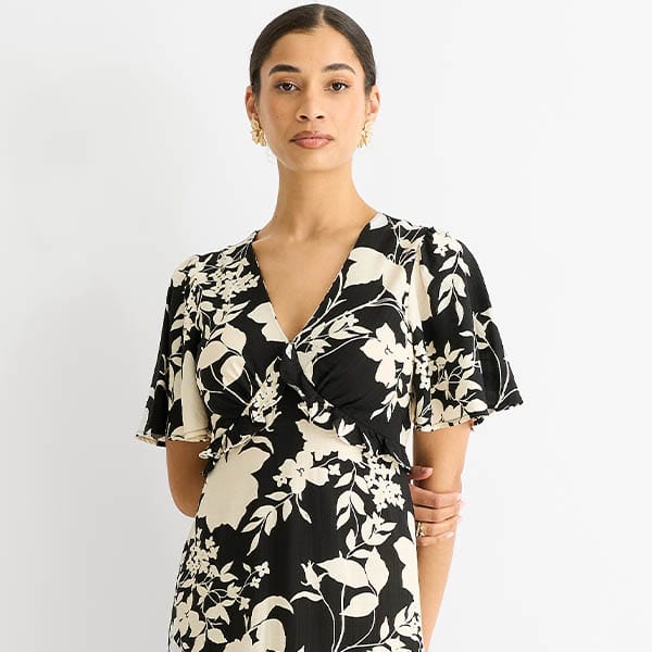 Mono V-hals viscose midi-jurk met ruches