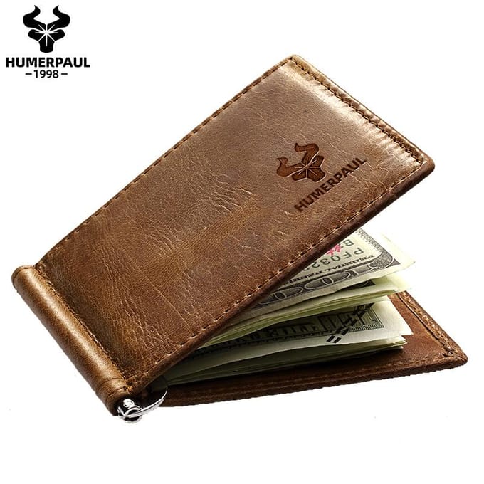 HUMERPAUL Herenportemonnee Leer Lichtgewicht Bi-fold Geldclip Slanke Modeportemonnee M bruin