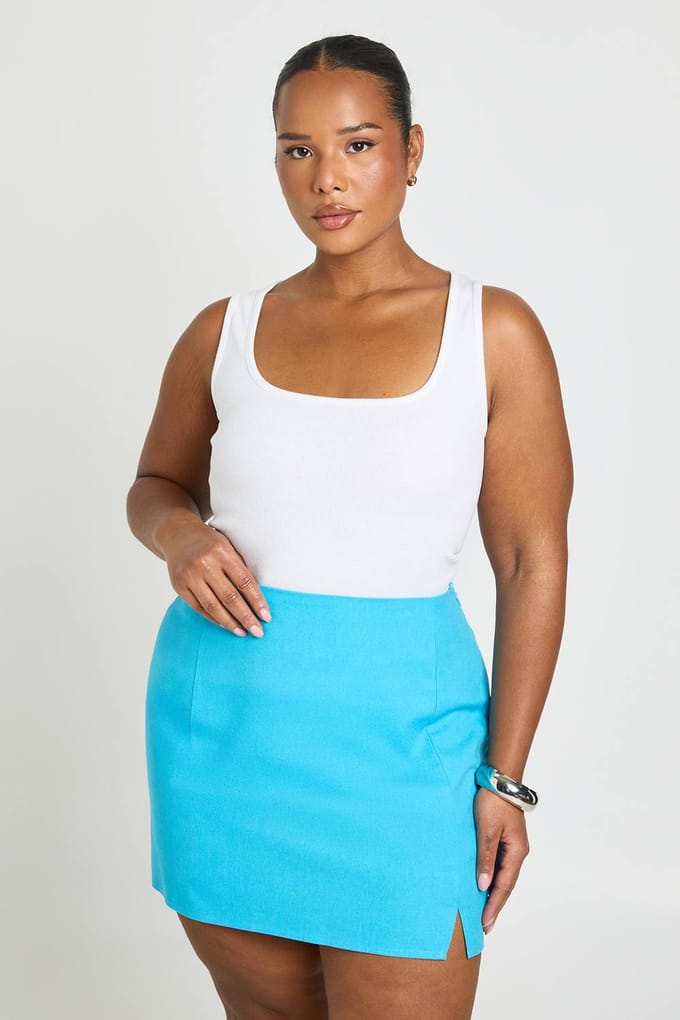 boohoo Dames Plus Linnen-look Mini Rok Met Split Vooraan | Blauw | Maat: 52