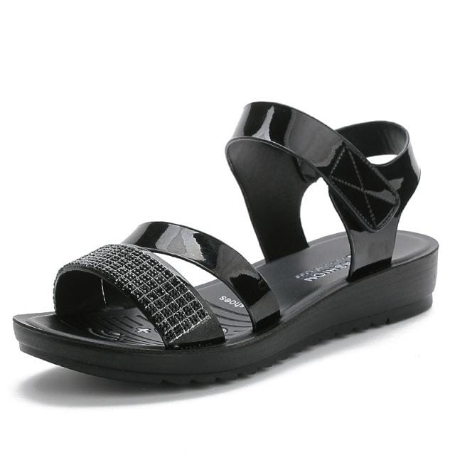 Zomer Platte Damesschoenen Mode Middelbare Leeftijd Dames Strass Antislip Zachte Zool Alles-Match Dames Sandalen 38 black