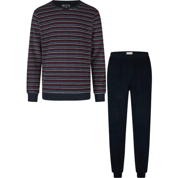 Phil & Co Heren Winter Pyjama Set Lang Badstof Donkerblauw Gestreept - Maat L
