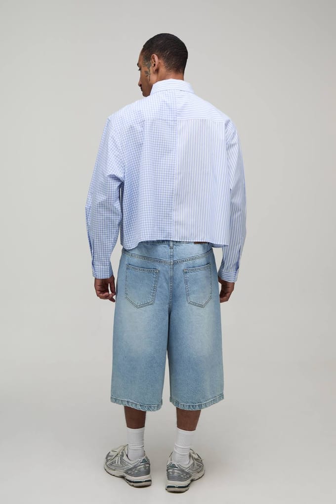 Oversized Crop Spliced Front Print Shirt | Blue | Size Medium