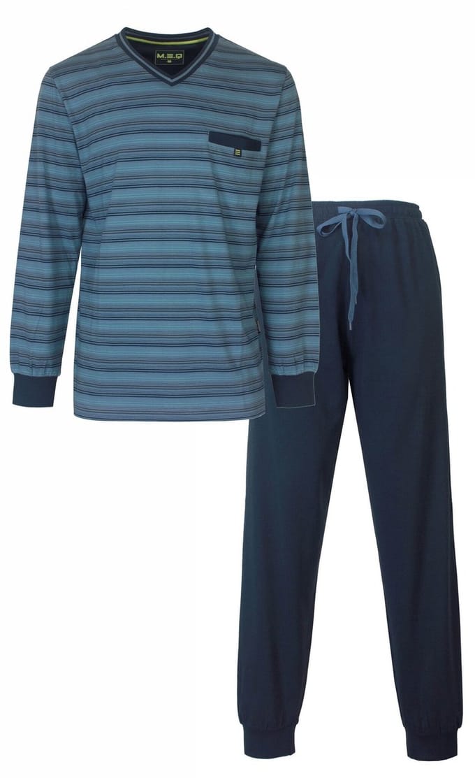 MEQ Heren Pyjama - 100% Gekamde Katoen - Gestreept Blauw - Maat M