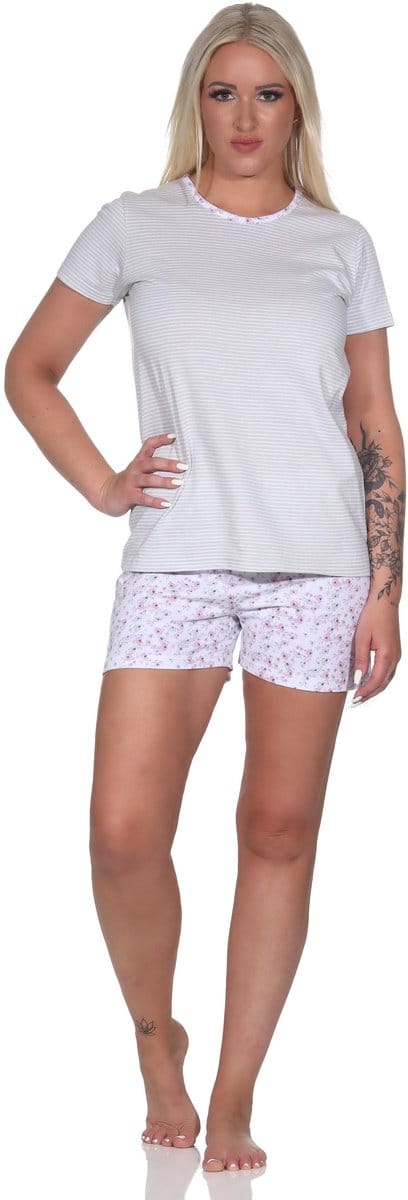 Gebloemde dames shorty pyjama, pyjama met korte broek en strepen