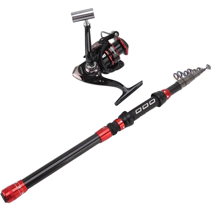 Ensemble Cannes à Lancer Carbone Télescopique Léger Robuste Portable Kit de Cannes à Pêche avec Moulinets Appâts à Poisson black