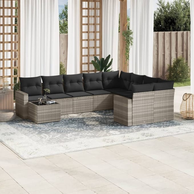 vidaXL - 10-delige - Loungeset - met - kussens - poly - rattan - lichtgrijs