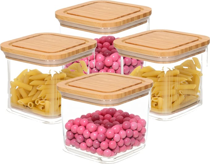 Bambou & Co keuken voorraadpot - 4x - 1L - kunststof/bamboe - met luchtdichte deksel