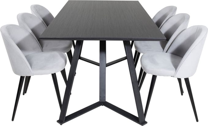 MarinaBLBL eethoek eetkamertafel zwart en 6 Velvet eetkamerstal fluweel lichtgrijs, zwart.