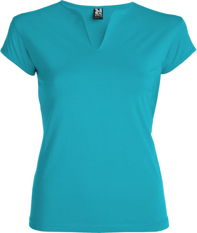 Turquooise Dames afgeronde V-hals getailleerd t-shirt model Belice maat L