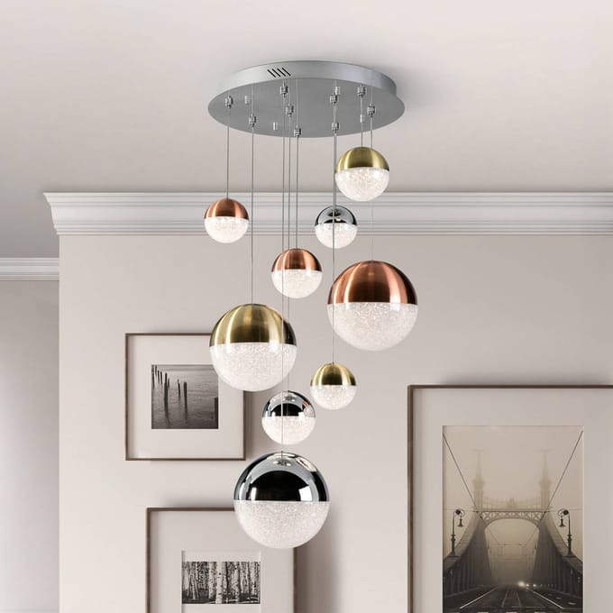Schuller Valencia LED hanglamp Sphere, 9-lamps, dimbaar, Ø 50 cm, meerkleurig