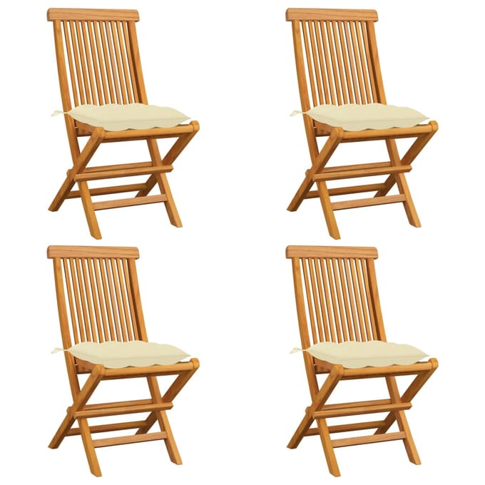 vidaXL - Inklapbare - stoelen - 4 - st - met - crèmewitte - kussens - massief - teakhout