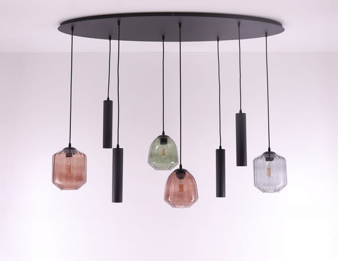 Hanglamp ovaal combi Colour & Kokers gu10 - 3 kleuren glas - 8lichts 140cm