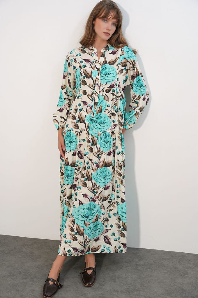 Bloemen Maxi Jurk Met Mandarin Kraag