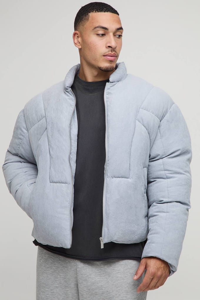 Boxy Fit Washed Nylon Duvet Funnel Neck Puffer Jacket | Light Blue | Size Medium