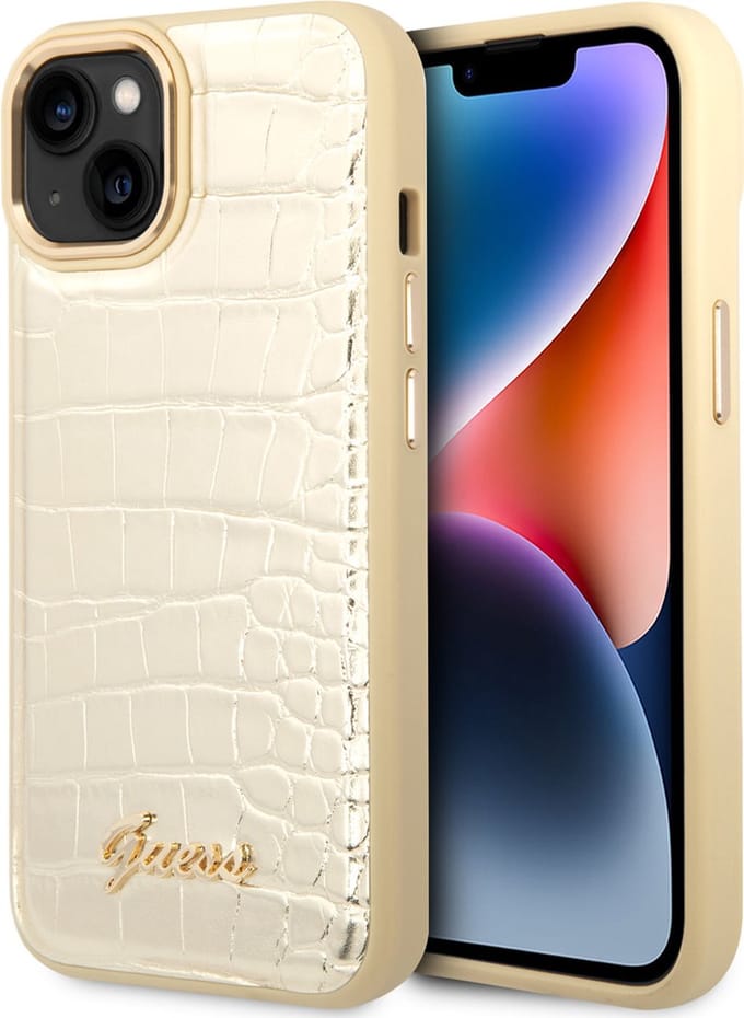 Guess iPhone 14 Plus Hardcase Backcover - Croco - Metal Buttons & Camera - Goud